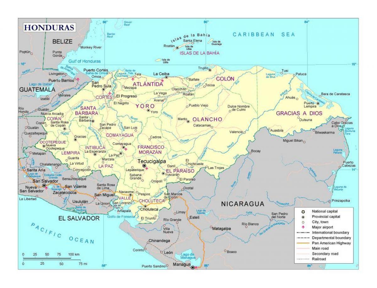 Honduras karta med städer