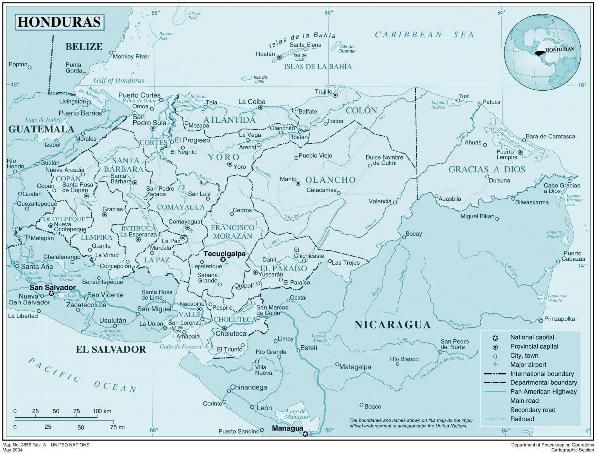 karta över fysiska karta över Honduras